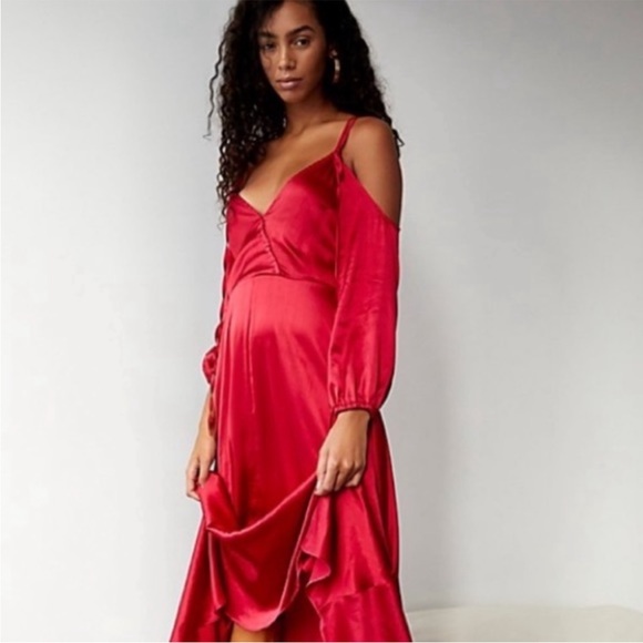 Free People X Brenda Knight Lola Silky Cold Shoulder Strappy Billowy Maxi Dress - Picture 2 of 5